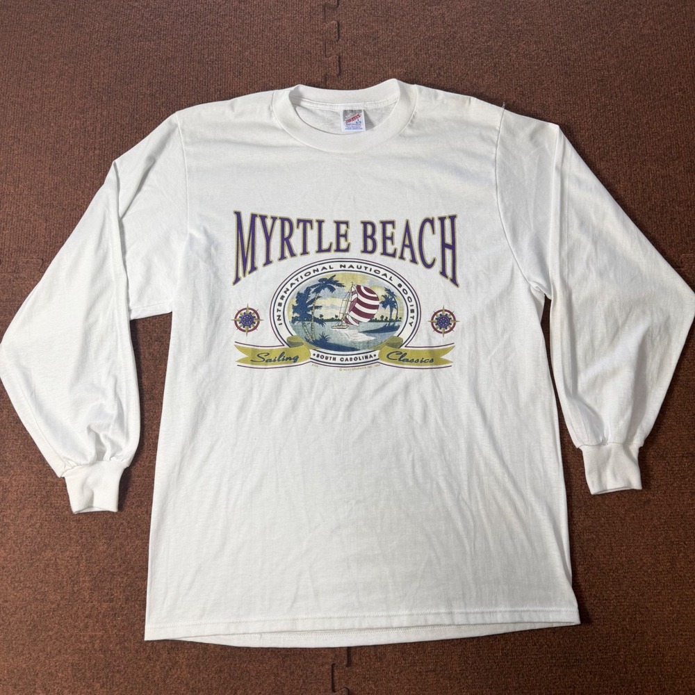 Vintage 1994 Jerzees Myrtle Beach Nautical Sailing Long Sleeve T-Shirt‎ White L